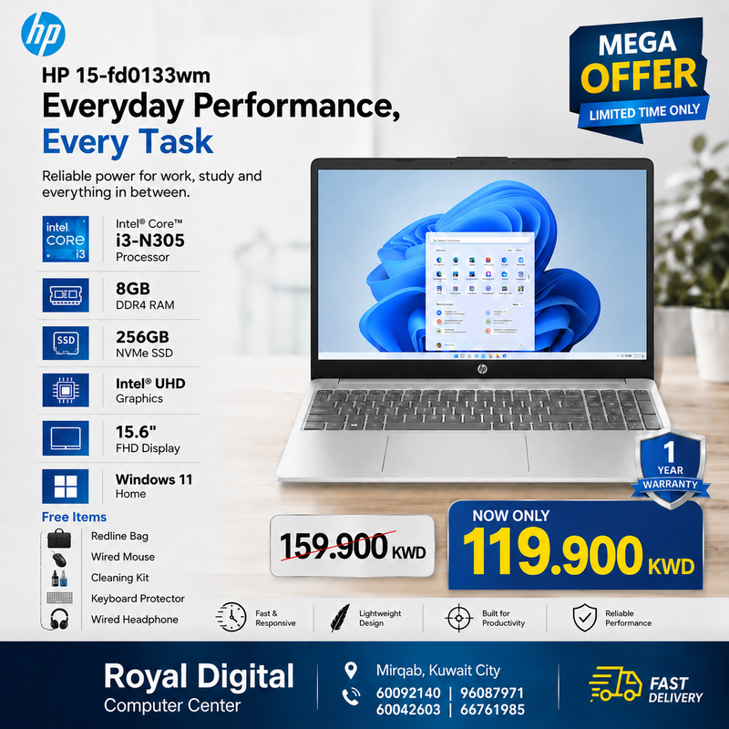 Laptop HP 15-fd0133wm | Intel Core i3-N305 Processor | Ram 8GB DDR4 | Storage 256GB NVMe SSD | Integrated Intel UHD Graphics | Display 15.6
