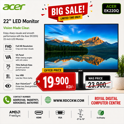 Acer EK0 Series (EK220Q) 21.5" VA Panel FHD 100Hz 1ms AMD FreeSync Acer Vision Care