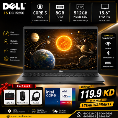 Laptop Dell 15 DC15250 | Intel Core 3 100U Processor | Ram 8GB DDR4 | Storage 512GB NVMe SSD | Intel Integrated VGA | Display 15.6 inch FHD 120Hz | Color Dark Grey | 1 Year Warranty