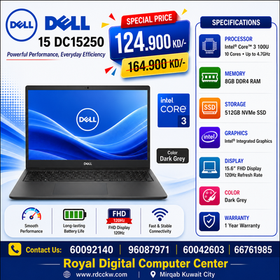 Laptop Dell 15 DC15250 | Intel Core 3 100U Processor | Ram 8GB DDR4 | Storage 512GB NVMe SSD | Intel Integrated VGA | Display 15.6 inch FHD 120Hz | Color Dark Grey | 1 Year Warranty