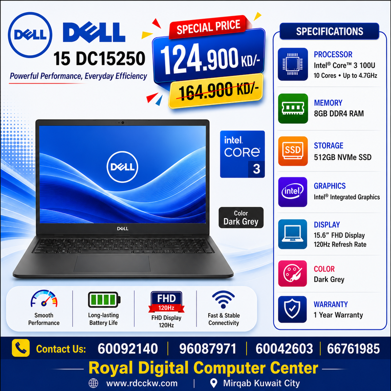 Laptop Dell 15 DC15250 | Intel Core 3 100U Processor | Ram 8GB DDR4 | Storage 512GB NVMe SSD | Intel Integrated VGA | Display 15.6 inch FHD 120Hz | Color Dark Grey | 1 Year Warranty