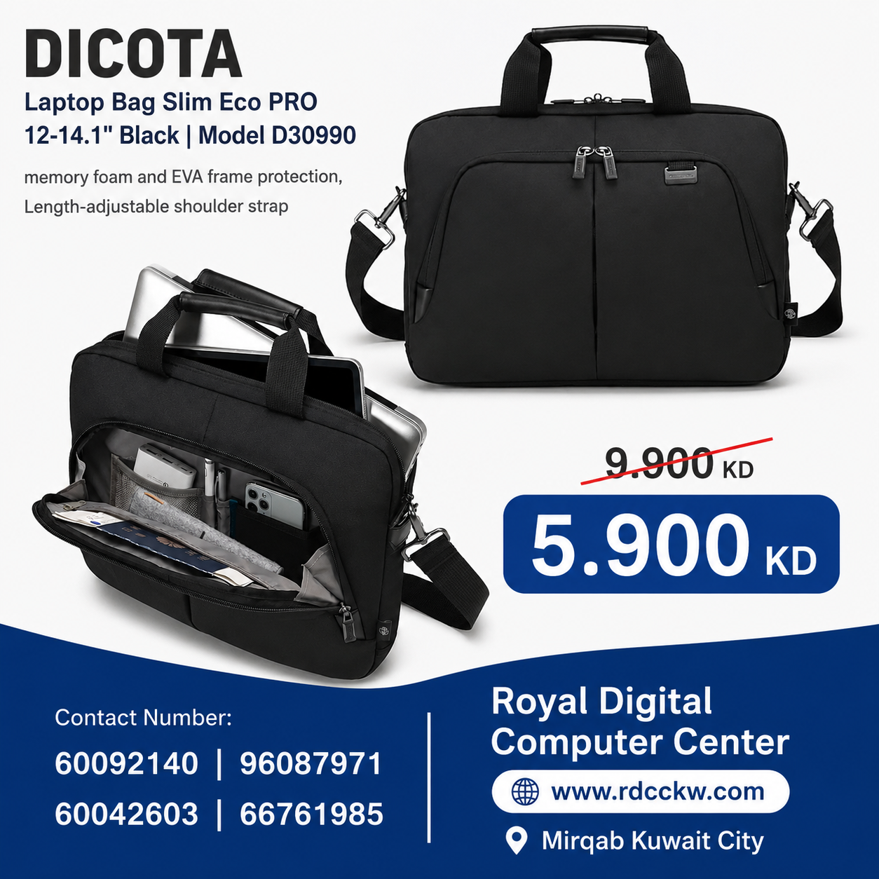 DICOTA Laptop Bag Slim Eco PRO 12-14.1" Black | Model D30990 |  memory foam and EVA frame protection, Length-adjustable shoulder strap