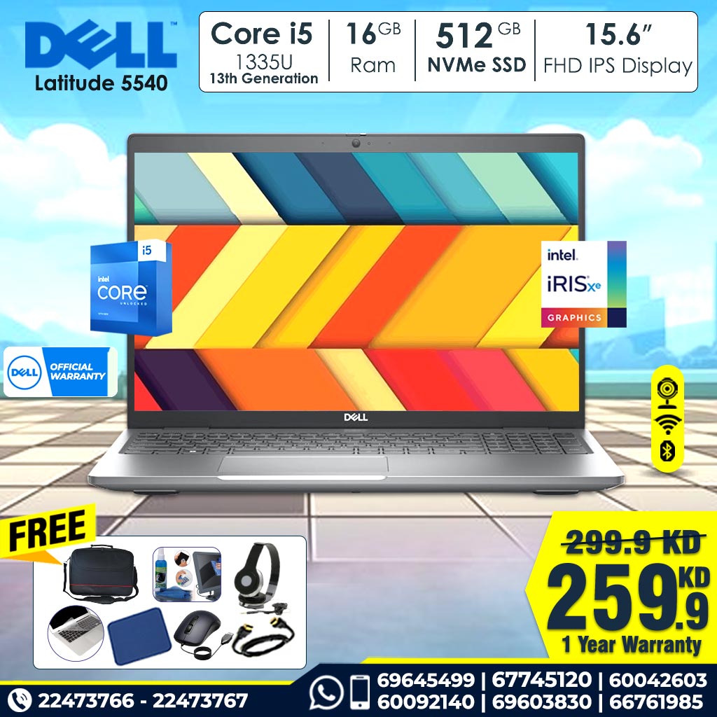ديل لاتيتيود 5540 الجيل الثالث عشر كور i5 16 جيجابايت رام 512 جيجابايت NVMe SSD 15.6 بوصة FHD