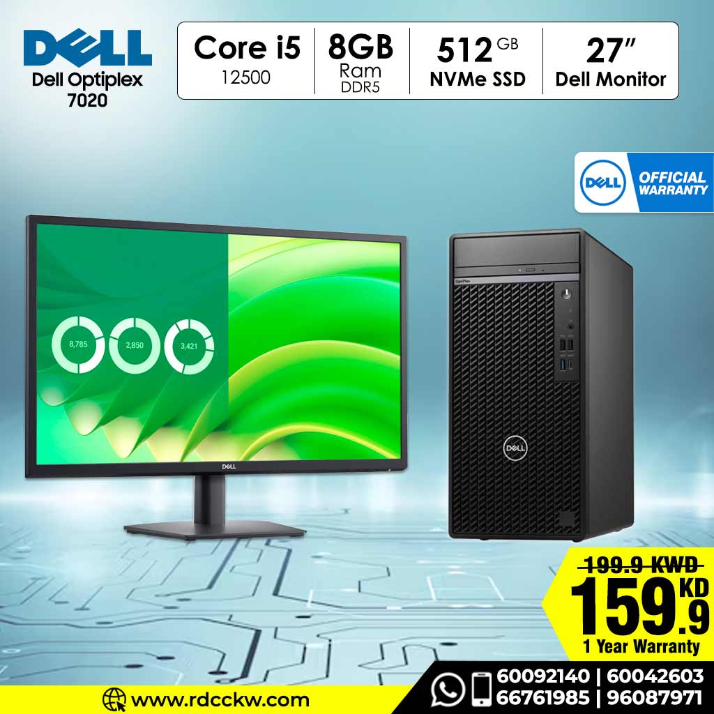 Desktop PC with Monitor, Dell Optiplex 7020, Intel Core i5-12500 Processor, 8GB Ram DDR5, Storage 512GB SSD NVMe, DVD RW, DOS, Display 27 inches, 1 Year warranty
