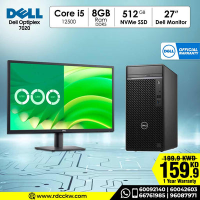 Desktop PC with Monitor, Dell Optiplex 7020, Intel Core i5-12500 Processor, 8GB Ram DDR5, Storage 512GB SSD NVMe, DVD RW, DOS, Display 27 inches, 1 Year warranty
