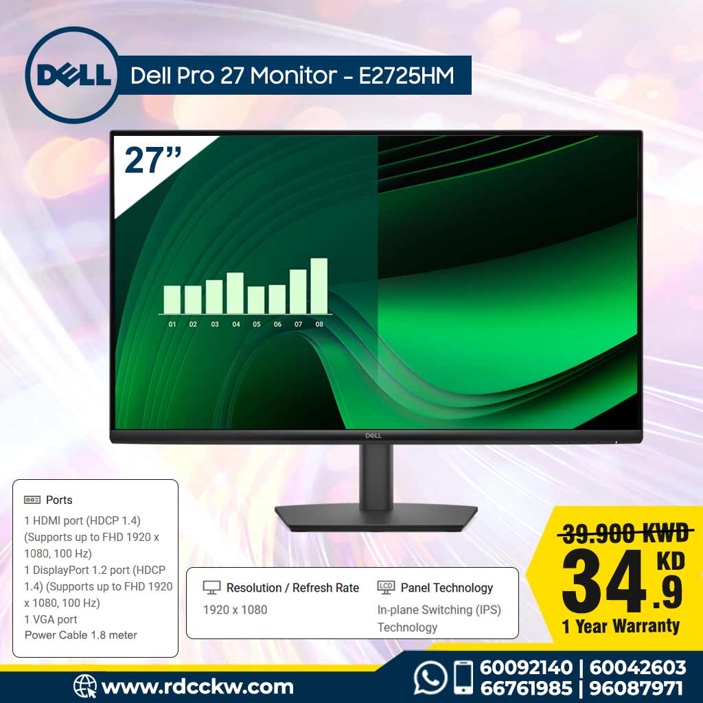 Dell E2725H Monitor, 27" VA Display, Full HD Resolution, 75Hz Refresh Rate