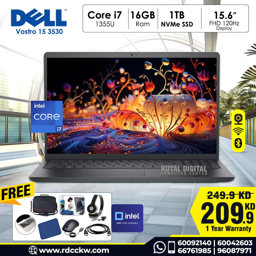 Laptop Dell Vostro 15 3530 | Intel Core i7- 1355U Processor | 16GB RAM DDR4 | Storage 1TB SSD NVMe | Intel UHD Graphics | 15.6 FHD 120Hz Display | DOS - No Windows | English Keyboard | 1 Year Warranty