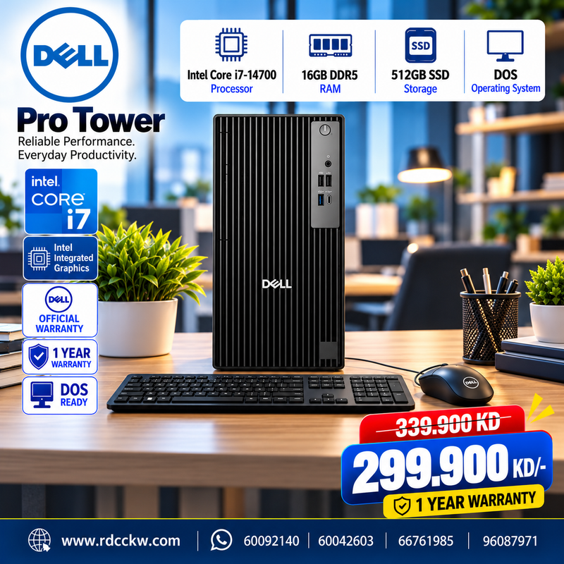 Dell Pro Tower QCT1250 Intel Core i7-14700 Processor | 16GB RAM DDR5 | Storage 512GB SSD NVMe | Integrated VGA | DOS | 1 Year Warranty