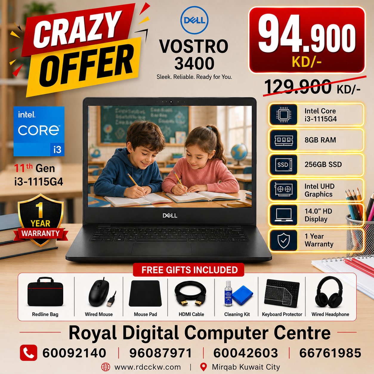 Laptop Dell Vostro 3400 | Intel Core i3-1115G4 Processor | 8GB DDR4 | 256GB SSD | Intel UHD Graphics | 14.0 inch HD Display | 1 Year Warranty