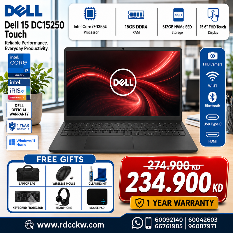 Dell 15 DC15250 Touch | Intel 1355U i7 |16GB | Storage 512GB SSD) | Intel Irish Xe | Display 15.6 FHD Touch | Win 11 Home | Color Black | 1YW - Laptop
