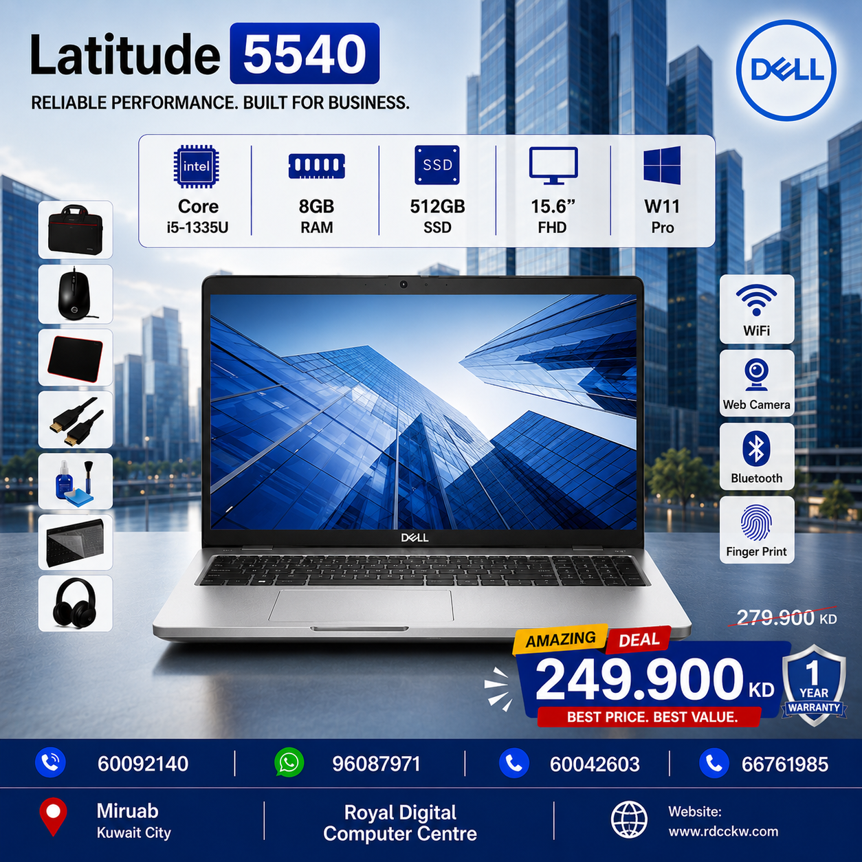 ديل لاتيتيود 5540 الجيل الثالث عشر كور i5 8 جيجابايت رام 512 جيجابايت NVMe SSD 15.6 بوصة FHD