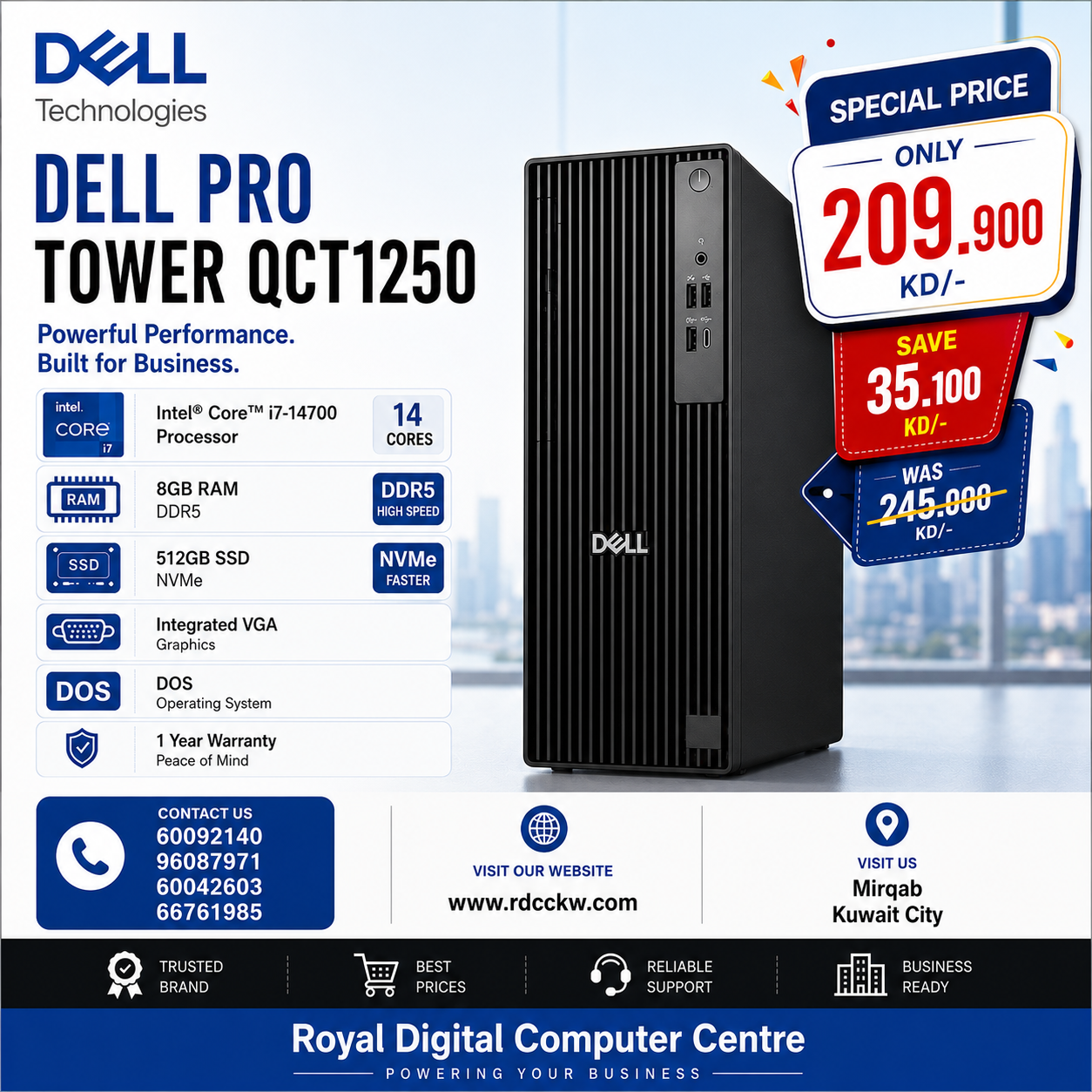 Dell Pro Tower QCT1250 Intel Core i7-14700 Processor | 8GB RAM DDR5 | Storage 512GB SSD NVMe | Integrated VGA | DOS | 1 Year Warranty