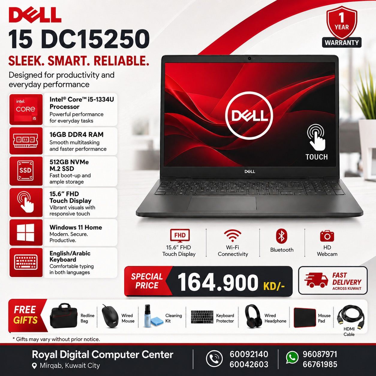 Dell 15 DC15250 - 15.6" FHD Touch | i5-1334U Processor | 16GB GB RAM | Storage 512GB (NVMe M.2 SSD) | Win 11 Home | English Keys | 1YW - Laptop