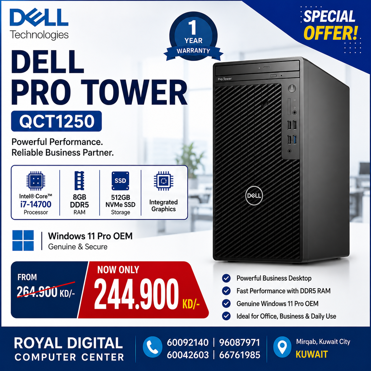 Dell Pro Tower QCT1250 Intel Core i7-14700 Processor | 8GB RAM DDR5 | Storage 512GB SSD NVMe | Integrated VGA | Windows 11 Pro | 1 Year Warranty