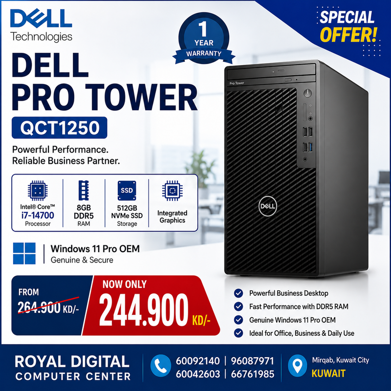 Dell Pro Tower QCT1250 Intel Core i7-14700 Processor | 8GB RAM DDR5 | Storage 512GB SSD NVMe | Integrated VGA | Windows 11 Pro | 1 Year Warranty