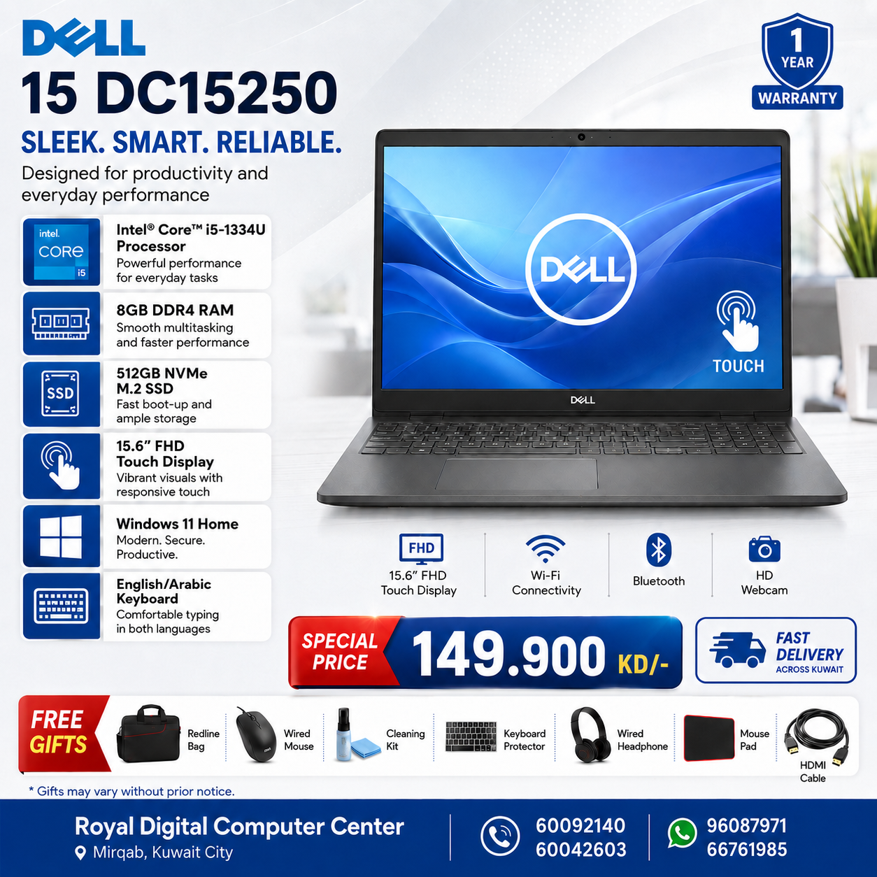 Dell 15 DC15250 - 15.6" FHD Touch | i5-1334U Processor  | 8GB GB RAM | Storage  512GB (NVMe M.2 SSD) | Win 11 Home | English Keys | 1YW - Laptop