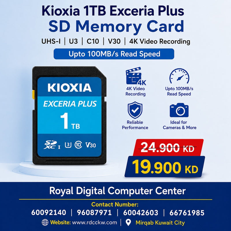 Kioxia 1TB Exceria Plus SD Memory Card UHS-I U3 C10 V30 4K video recording Upto 100MB/s Read Speed LNPL1M001TG4