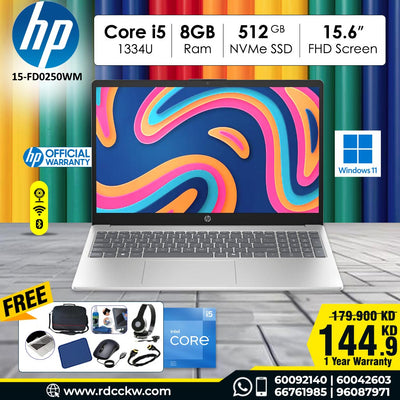 Laptop HP 15-FD0250WM | Intel Core I5-1334U Processor |  Ram 8GB DDR4 | Storage 512GB NVMe SSD | Intel® Iris® Xe Graphics | Display 15.6" inch FHD | Windows 11 Home | Color Silver | 1 Year Warranty