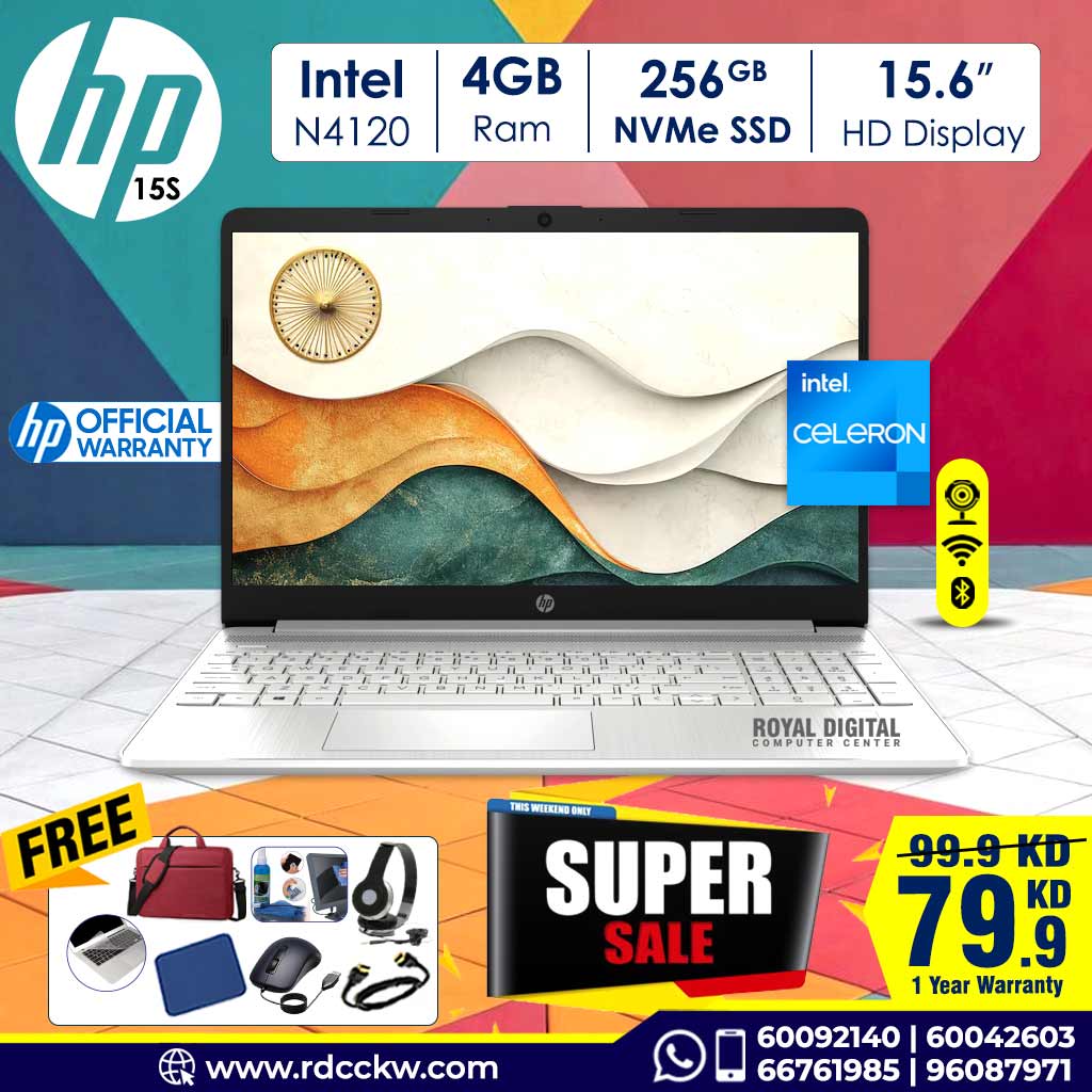 Laptop HP 15s FQ0008NIA | Intel N4120 Processor | 4GB DDR4 RAM | Storage 256GB SSD | Intel HD Graphics | English Keyboard | Color Silver | Dos - No Windows | 1 year warranty |