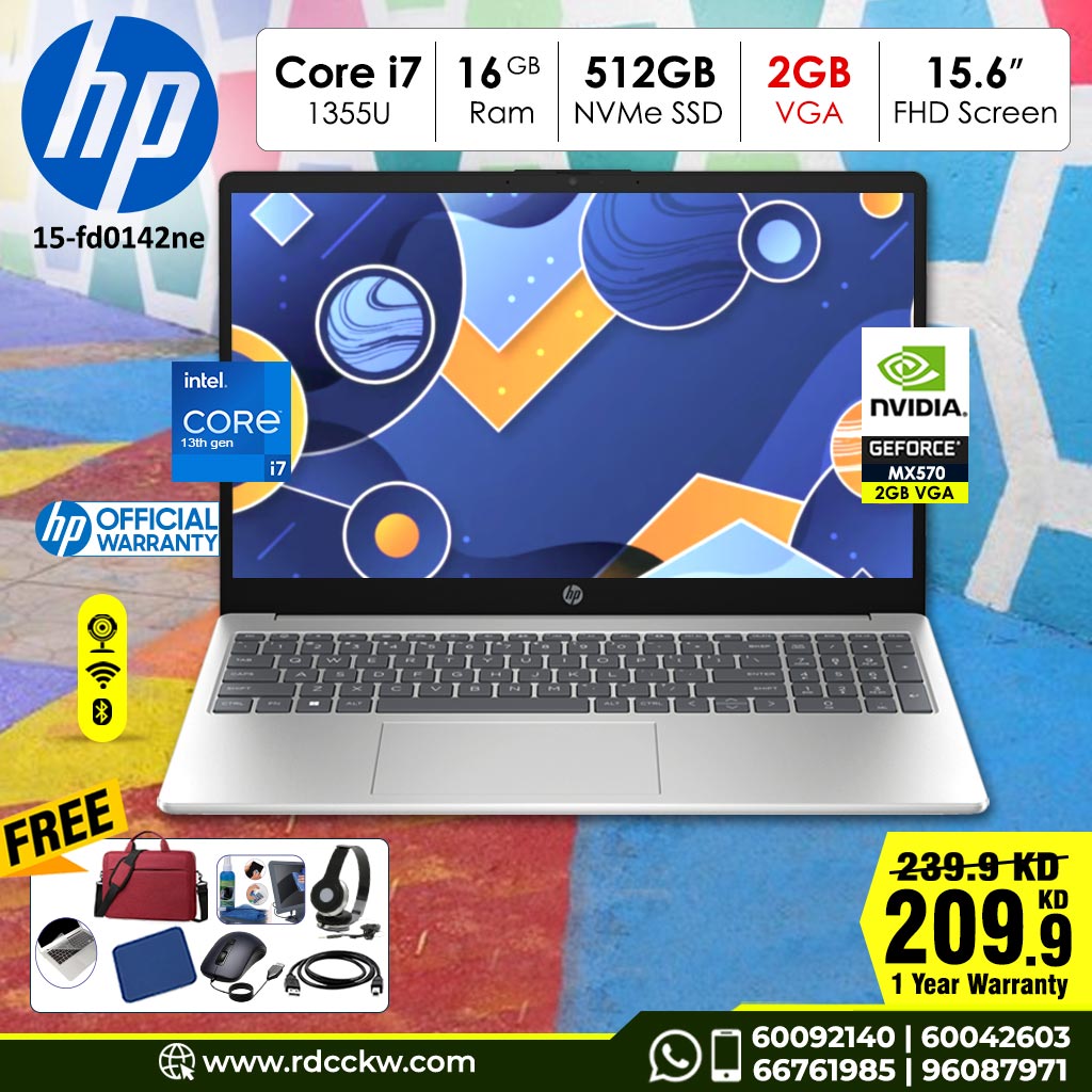 Laptop HP 15-FD0142NE | Intel Core i7-1355u Processor |  16 GB RAM DDR4 | Storage 512 GB NVME SSD| Dedicated VGA NVIDIA MX570 2 GB  | Display 15.6 inches FHD | Color Natural Silver  | DOS - No Windows | 1 Year Warranty