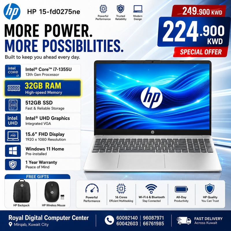 Laptop HP 15-fd0275ne | Intel® Core™ i7-1355U | 32GB RAM | Storage 512GB | Intel UHD VGA | Display 15.6 FHD | Windows 11 Home | Color Silver | 1 Year Warranty