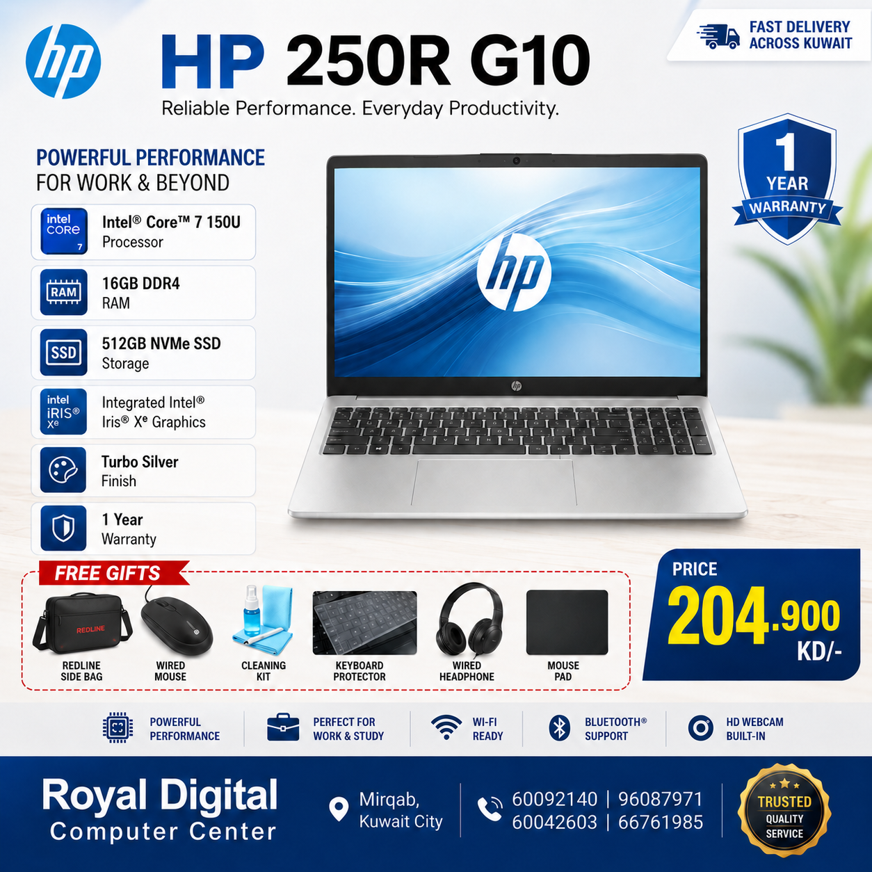 Laptop HP 250R G10 | Intel Core 7 150U Processor | 16GB DDR4 RAM | 512GB SSD NVMe | Integrated Intel Iris Xᵉ Graphics | Turbo Silver | 1 Year Warranty