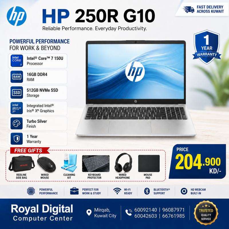 Laptop HP 250R G10 | Intel Core 7 150U Processor | 16GB DDR4 RAM | 512GB SSD NVMe | Integrated Intel Iris Xᵉ Graphics | Turbo Silver | 1 Year Warranty