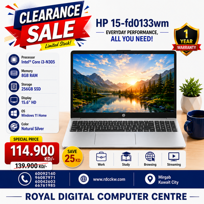 Laptop HP 15-fd0133wm | Intel Core i3-N305 Processor | Ram 8GB DDR4 | Storage 256GB NVMe SSD | Integrated Intel UHD Graphics | Display 15.6" FHD | Windows 11 Home | Color Natural Silver | 1 Year Warranty