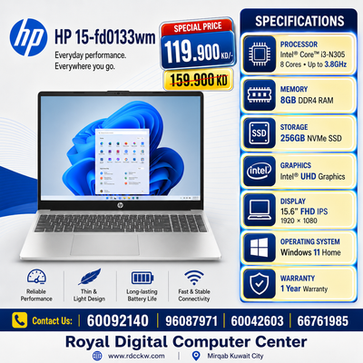 Laptop HP 15-fd0133wm | Intel Core i3-N305 Processor | Ram 8GB DDR4 | Storage 256GB NVMe SSD | Integrated Intel UHD Graphics | Display 15.6" FHD | Windows 11 Home | Color Natural Silver | 1 Year Warranty
