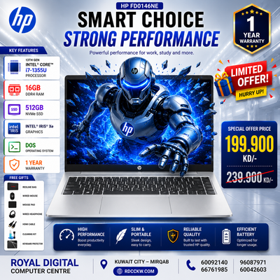 لابتوب HP FD0146NE | معالج Intel Core i7-1355U | ذاكرة وصول عشوائي DDR4 سعة 16 جيجابايت | سعة تخزين 512 جيجابايت NVME SSD | بطاقة رسومات Intel® Iris® Xe | شاشة 15.6 بوصة عالية الدقة بالكامل | لون فضي طبيعي | نظام DOS - بدون ويندوز | ضمان لمدة عام 