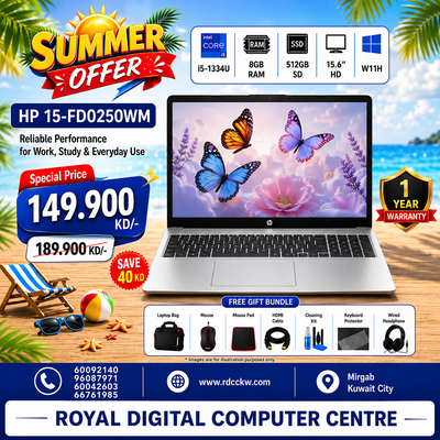 Laptop HP 15-FD0250WM | Intel Core I5-1334U Processor |  Ram 8GB DDR4 | Storage 512GB NVMe SSD | Intel® Iris® Xe Graphics | Display 15.6" inch FHD | Windows 11 Home | Color Silver | 1 Year Warranty