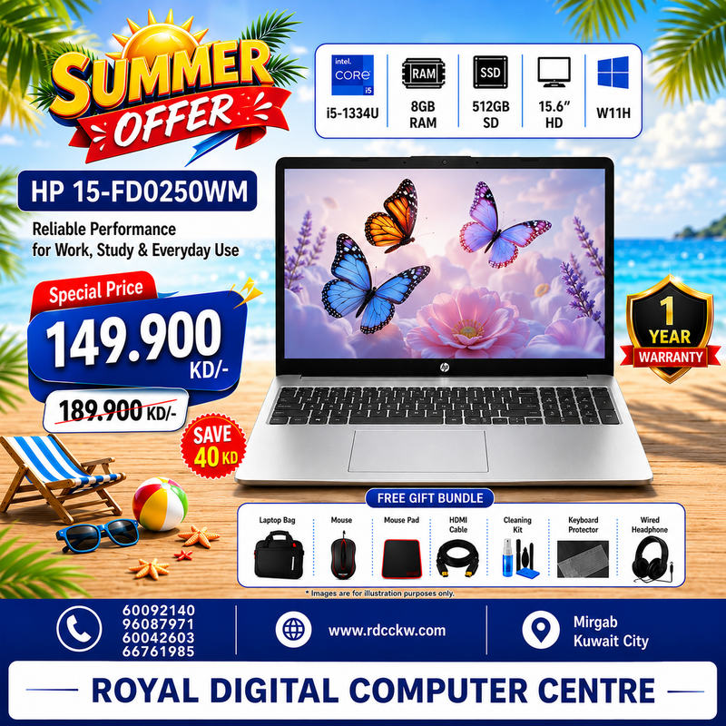 Laptop HP 15-FD0250WM | Intel Core I5-1334U Processor |  Ram 8GB DDR4 | Storage 512GB NVMe SSD | Intel® Iris® Xe Graphics | Display 15.6