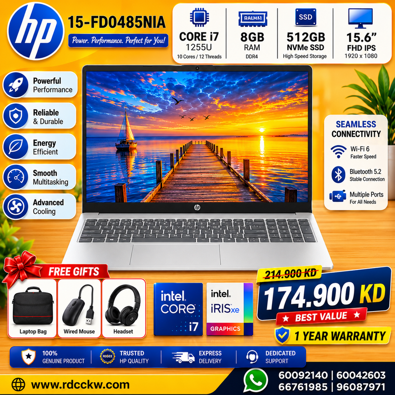 Laptop HP 15-FD0485NIA | Intel Core I7-1255U | 8GB RAM | Storage 512GB SSD NVMe | Display 15.6 FHD | Color Silver | 1 Year Warranty