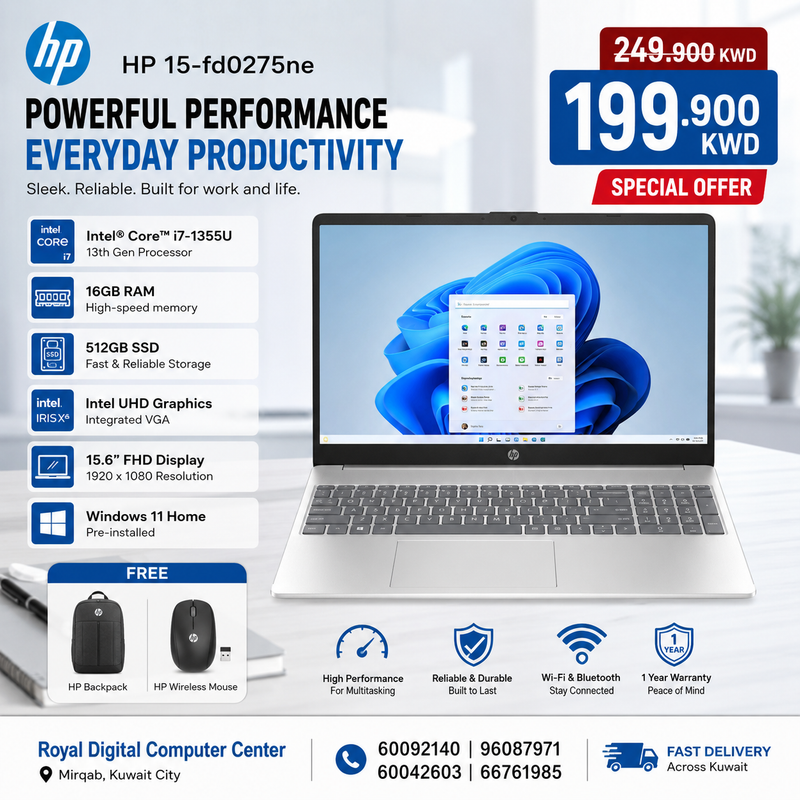 Laptop HP 15-fd0275ne | Intel® Core™ i7-1355U | 16GB RAM | Storage 512GB | Intel UHD VGA | Display 15.6 FHD | Windows 11 Home | Color Silver | 1 Year Warranty
