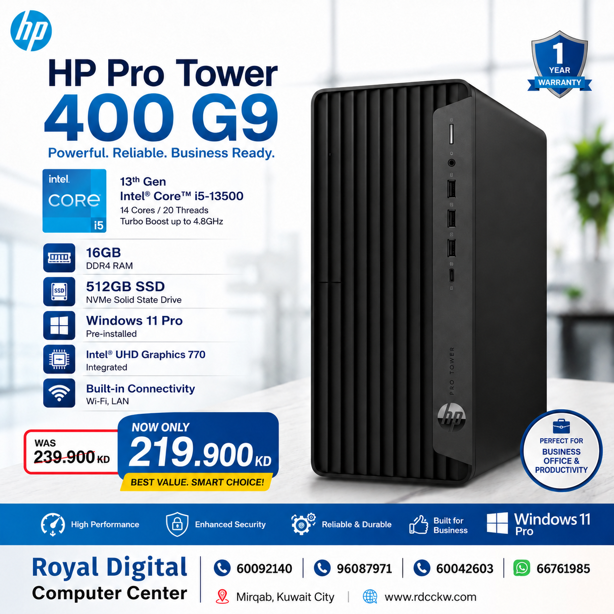 HP Pro Tower 400 G9 - i5-13500 | 16GB | 512GB SSD | Windows 11 Pro  | 1YW - Desktop