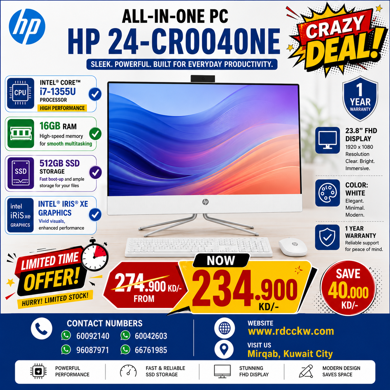 All in One Pc HP 24-CR0040NE, Intel Core I7- 1355U Processor, Ram 16GB, Storage 512GB SSD, Intel Iris Xe Graphics, Display 23.8 inch FHD, DOS, Color White, 1 Year Warranty