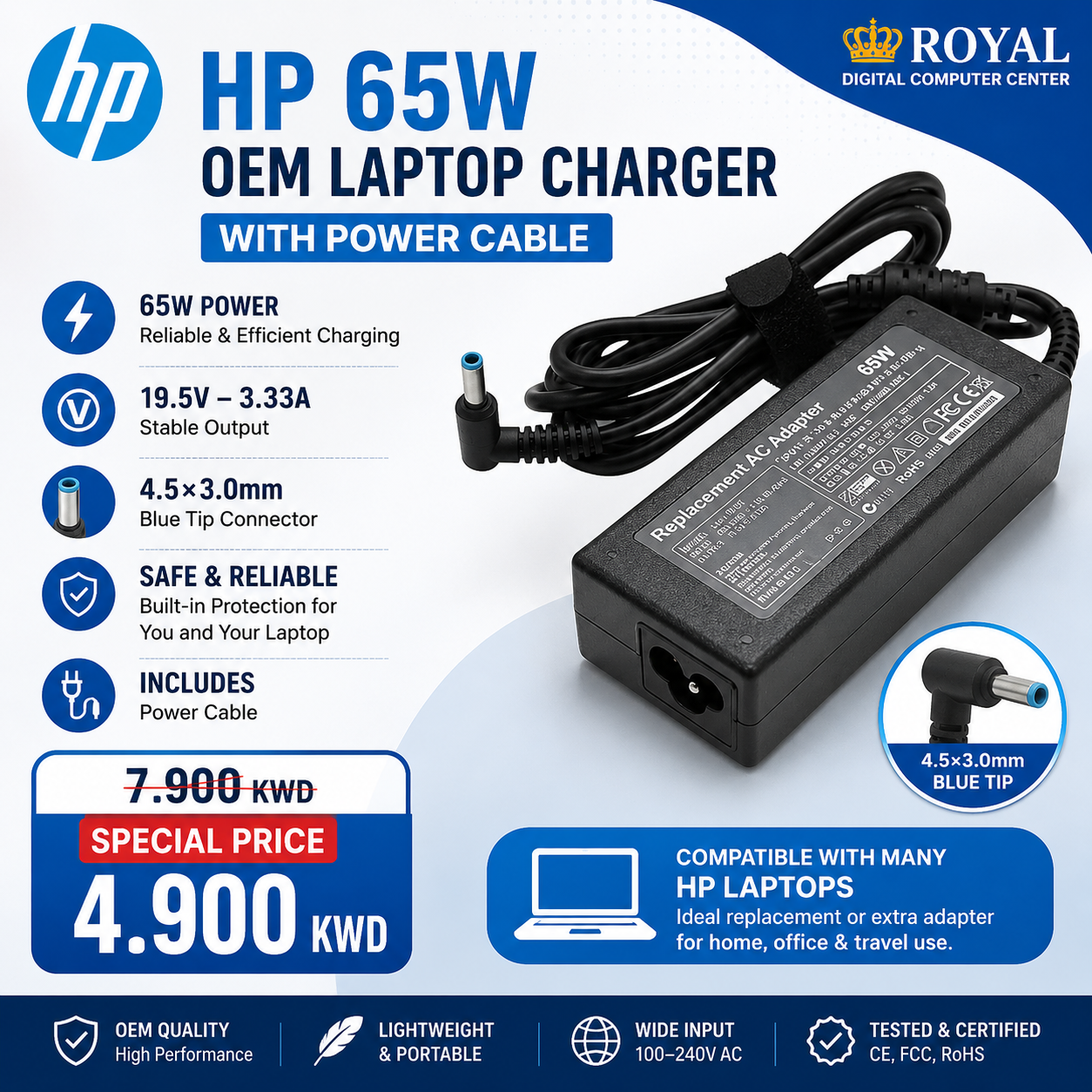 HP 65W 19.5V-3.33A (4.5×3.0mm) Charger with Power Cable (OEM)