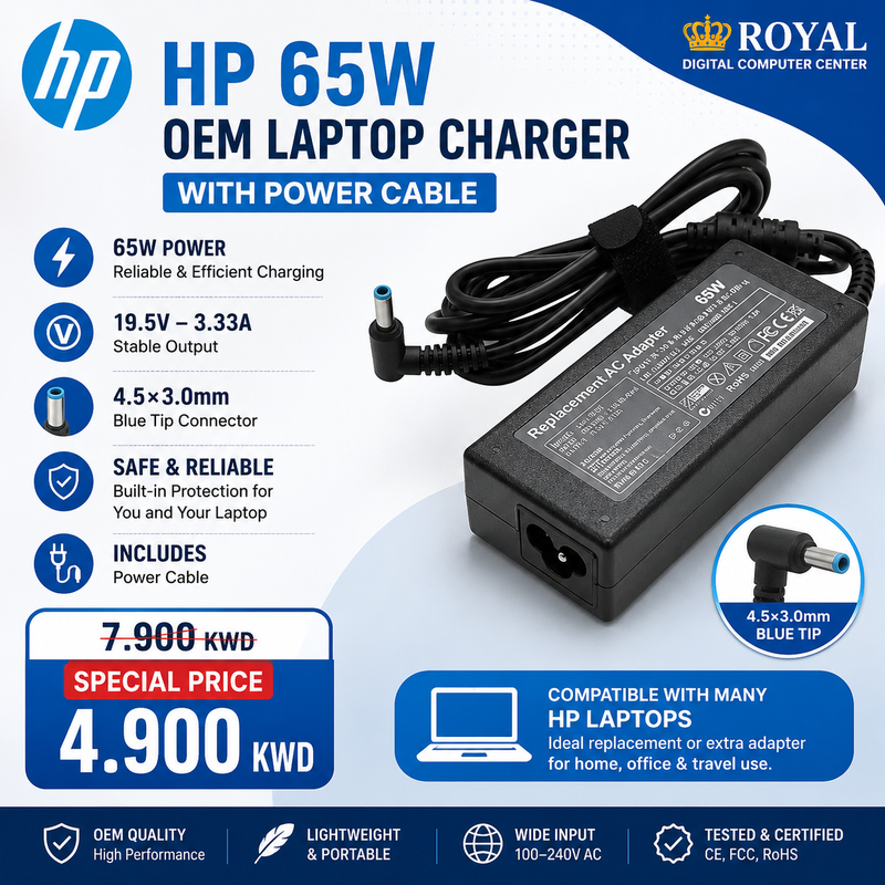 HP 65W 19.5V-3.33A (4.5×3.0mm) Charger with Power Cable (OEM)