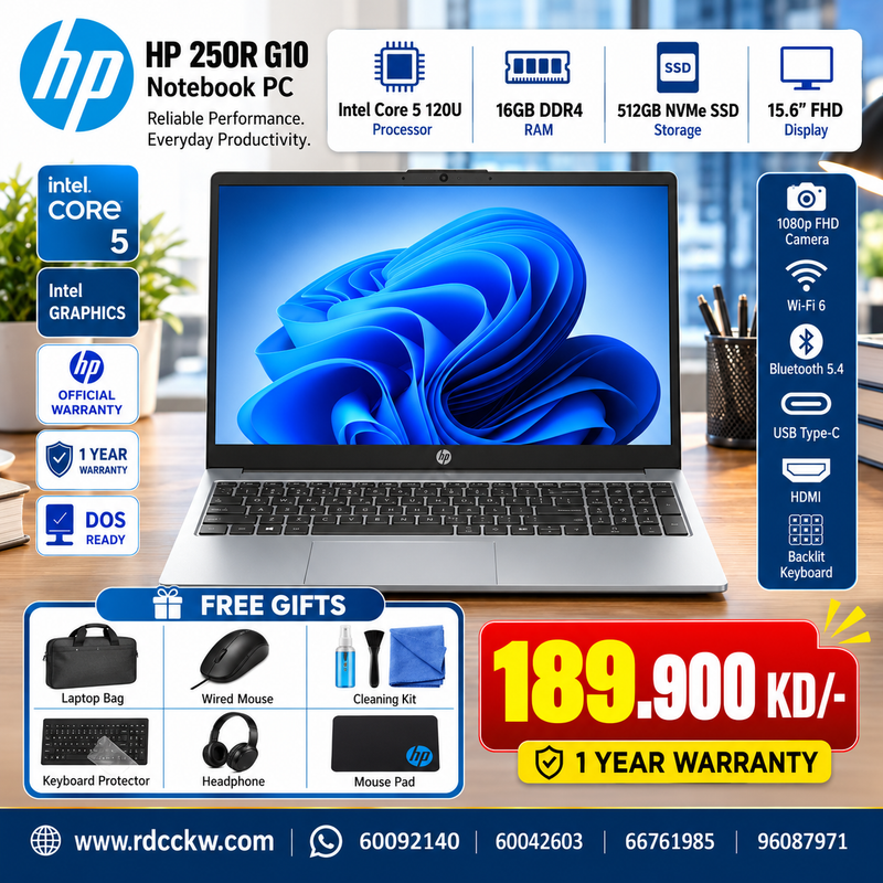 Laptop HP 250R G10 | Core 5 120U Processor | 16GB RAM | Storage 512 NVMe M.2 SSD | Color Natural Silver | 1 Year Warranty