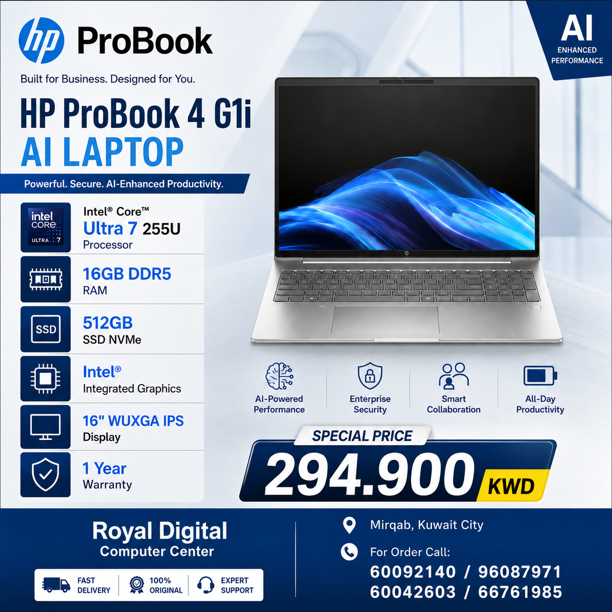 HP ProBook 4 G1i AI Laptop | Intel Core Ultra 7 255U Processor | 16GB RAM DDR5 | Storage 512GB SSD NVMe | Color Pike Silver | Intel Integrated VGA  | Display 16" inches WUXGA IPS | 1 Year Warranty