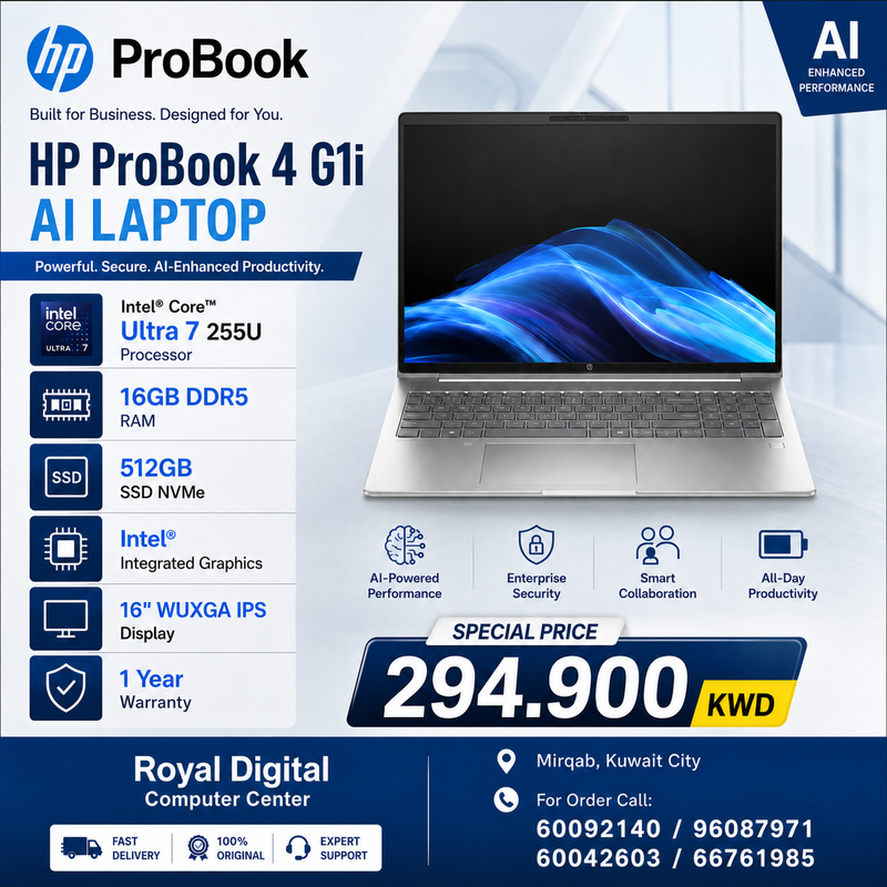 HP ProBook 4 G1i AI Laptop | Intel Core Ultra 7 255U Processor | 16GB RAM DDR5 | Storage 512GB SSD NVMe | Color Pike Silver | Intel Integrated VGA  | Display 16