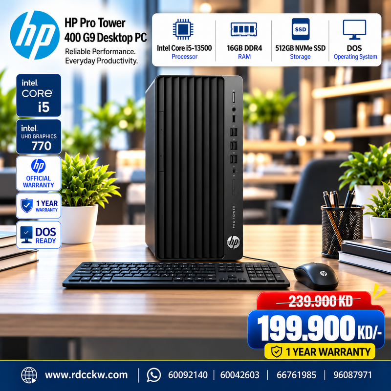 HP Pro Tower 400 G9 Desktop PC | Intel Core i5-13500 Processor | Ram 16GB  | Storage 512GB SSD | DOS | 1 Year Warranty