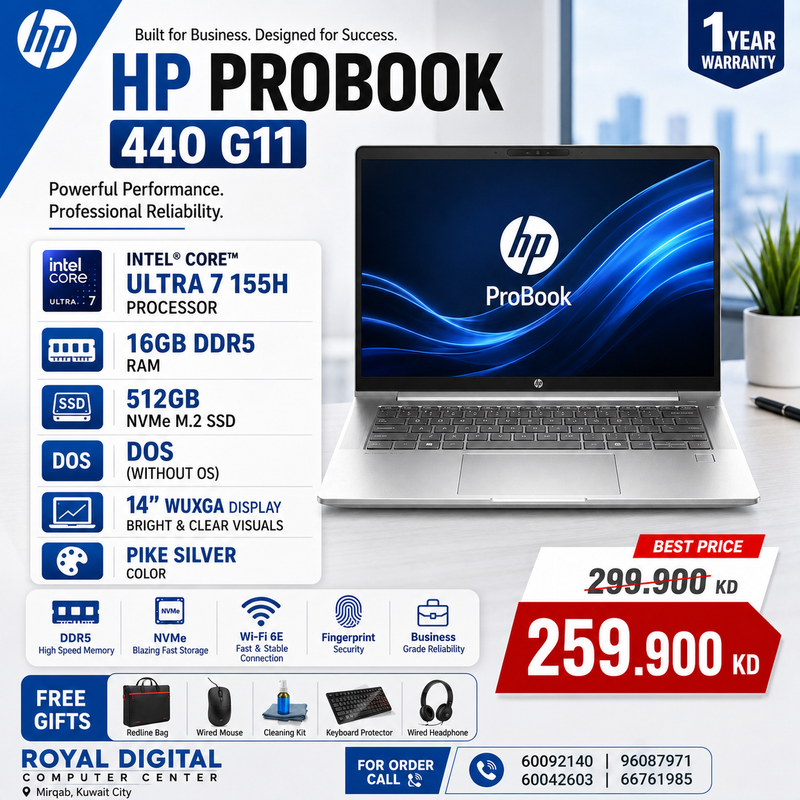 Laptop HP ProBook 440 G11 | Ultra 7 155H Processor | 16GB RAM DDR5 | 512GB (NVMe M.2 SSD) / DOS (Without OS) | 1 Year Warranty  | Color Pike Silver