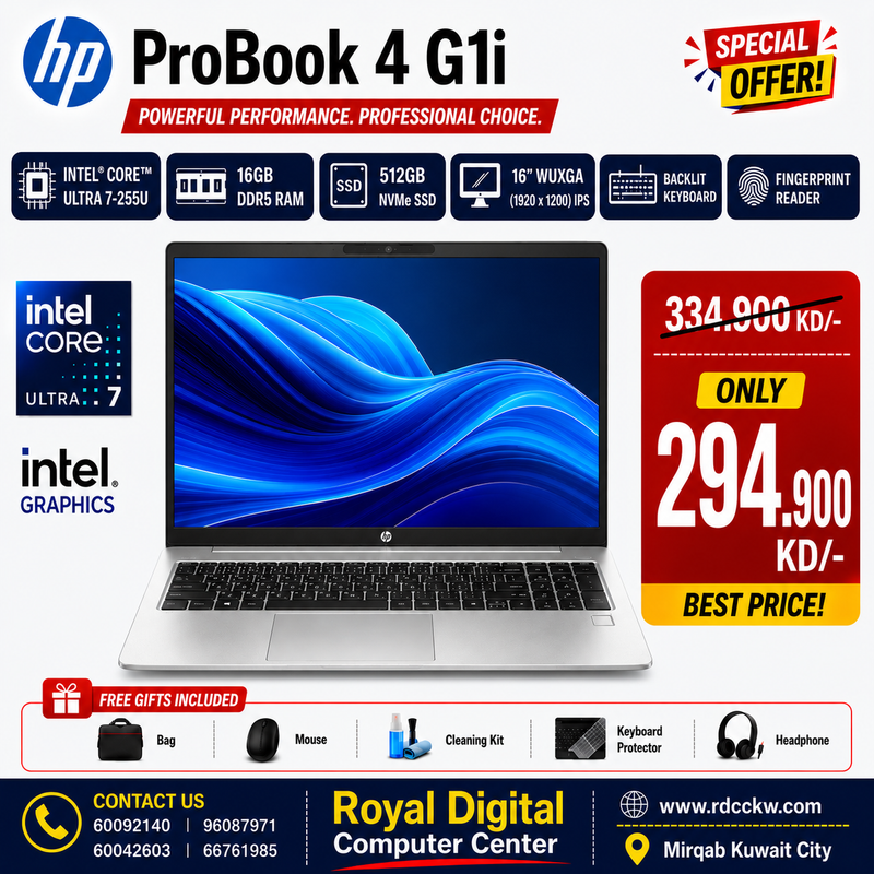 HP ProBook 4 G1i AI Laptop | Intel Core Ultra 7 255U Processor | 16GB RAM DDR5 | Storage 512GB SSD NVMe | Color Pike Silver | Intel Integrated VGA  | Display 16
