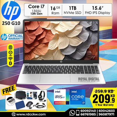 Laptop HP 250 G10 | Intel Core i7-1355U Processor 13th Generation | Ram 16GB DDR4 | Storge 1TB SSD NVme | Display 15.6" FHD (1920 x 1080 | Color Natural Silver | Dos-No Windows | 1 Year Warranty
