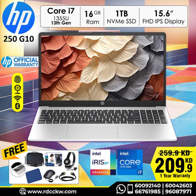 Laptop HP 250 G10 | Intel Core i7-1355U Processor 13th Generation | Ram 16GB DDR4 | Storge 1TB SSD NVme | Display 15.6" FHD (1920 x 1080 | Color Natural Silver | Dos-No Windows | 1 Year Warranty