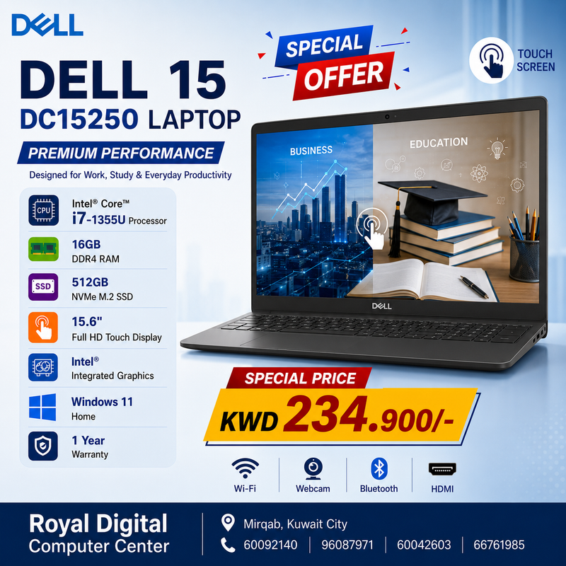 Dell 15 DC15250 Touch | Intel 1355U i7 |16GB | Storage 512GB SSD) | Intel Irish Xe | Display 15.6 FHD Touch | Win 11 Home | Color Black | 1YW - Laptop