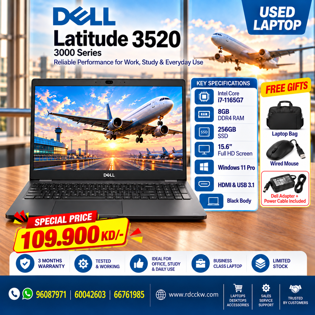 Used Laptop Dell Latitude 3520 | Intel Core i7-11th Generation | 8GB RAM | Storage 256 SSD NVMe | 15.6" Display |  OS W11 Pro | 3 Months Warranty