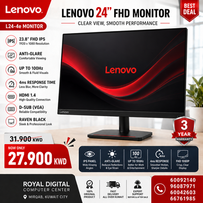 Lenovo L24-4e - 23.8" FHD IPS Anti-Glare | 4ms | Up to 100Hz | D-Sub | HDMI 1.4 | Raven Black - Monitor | 3 Year Warranty