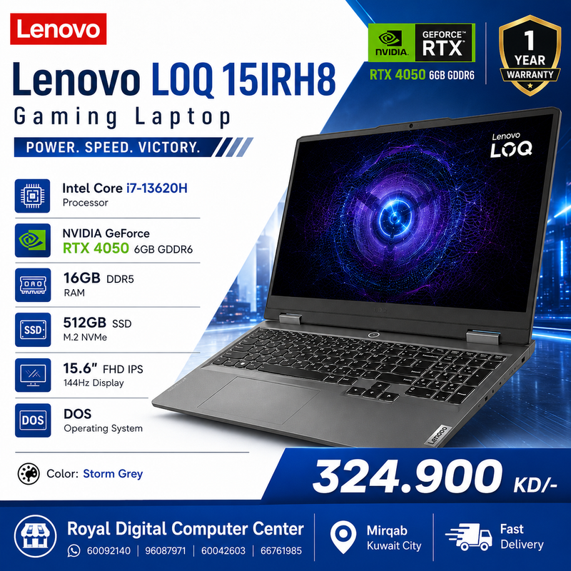 Lenovo Loq 15IRH8 Gaming Laptop | Intel Core i7-13620H |16GB RAM | 512GB SSD | NVIDIA GeForce RTX 4050 6GB | 15.6